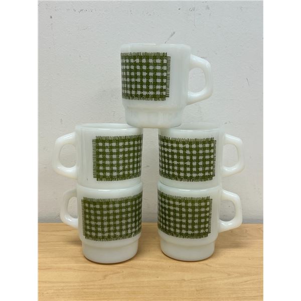 5 Vintage Fire King Gingham / Plaid Stacking Coffee Mugs - nice overall - see photos