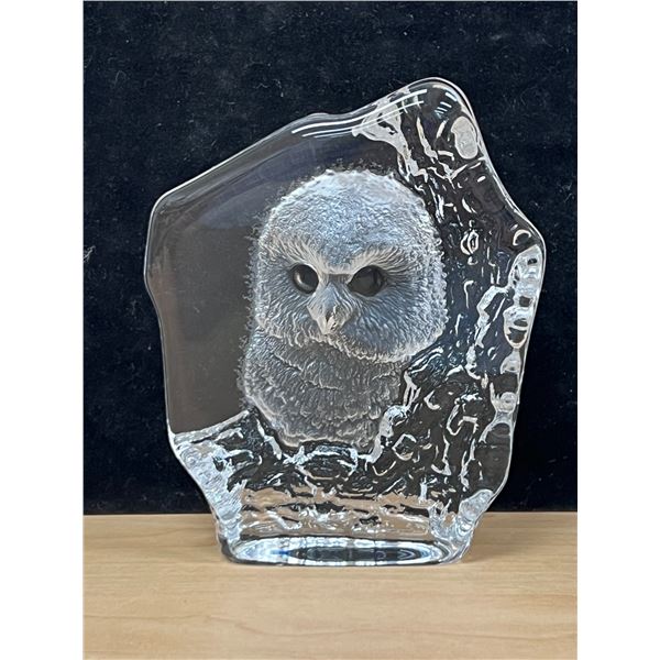 Signed Mats Jonasson (Sweden) Art Glass Owl Paperweight - 5"T 4"W
