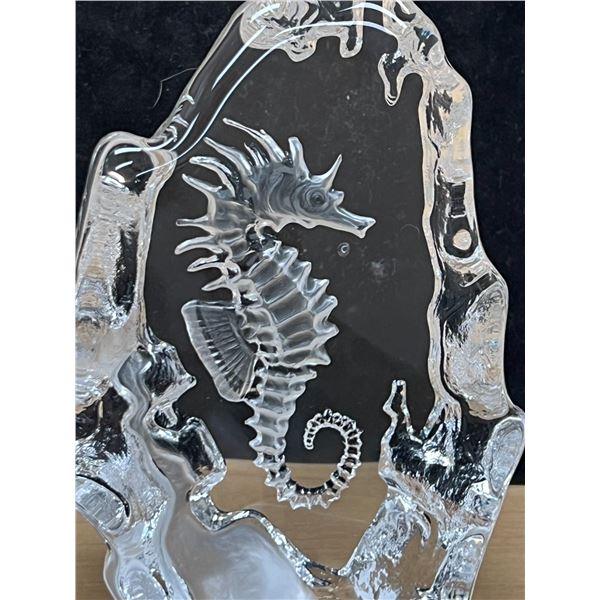 Signed Mats Jonasson (Sweden) Art Glass Seahorse Paperweight - 6" T
