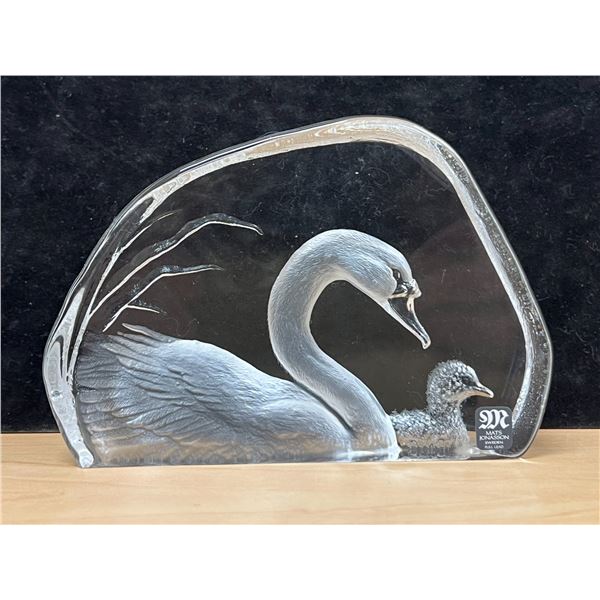 Signed Mats Jonasson (Sweden) Art Glass Birds Paperweight - 6"W 4"T