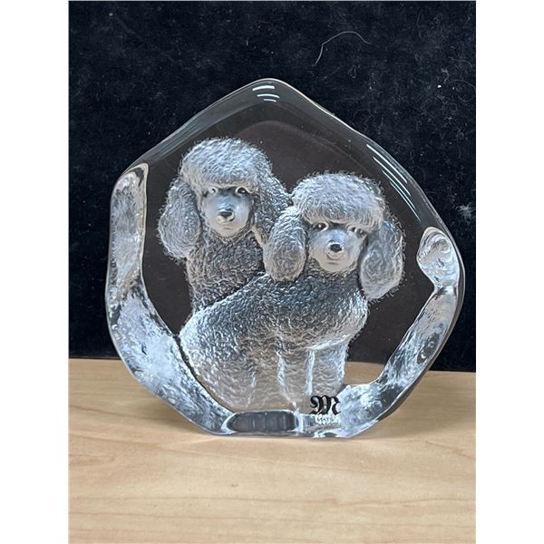 Signed Mats Jonasson (Sweden) Art Glass Poodles Dogs Paperweight - 4"W 4"T