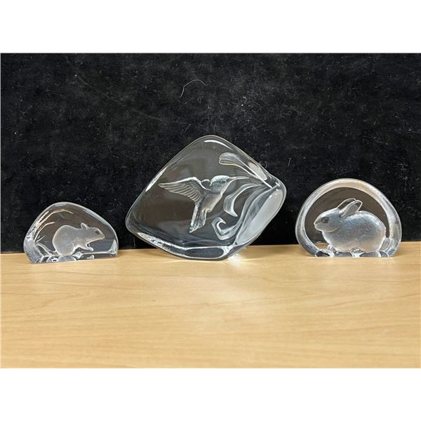 3 Mats Jonasson (Sweden) Art Glass Animal Paperweights - largest approx: 4"W 3"T
