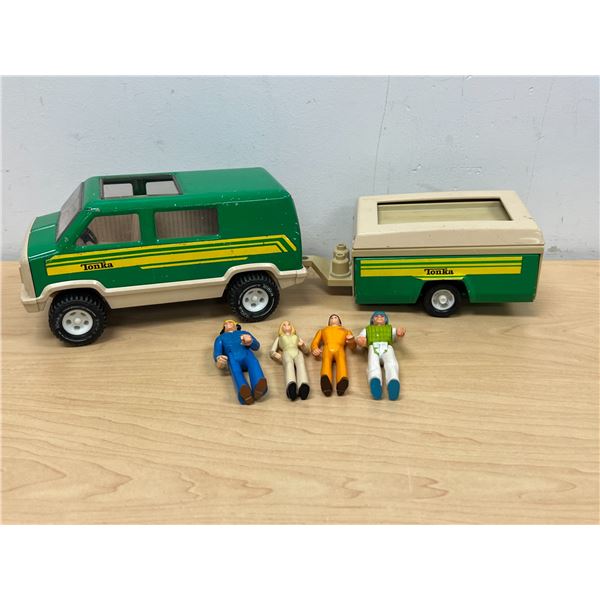 Vintage Tonka Van with Pop-up Trailer and Figures as pictured - van about 8.5"T trailer 8"