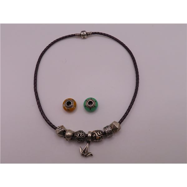 PANDORA leather necklace or bracelet with 6 charms and 3 spacers.  Marked 925.