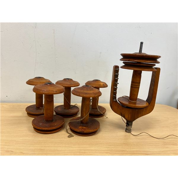 Vintage Wooden 8.5" Spinning Wheel Spool & 5 Wooden 4.25" Spools as pictured