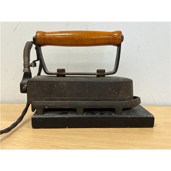 Large Antique Tailors Electric Metal Iron with Base - warms up when plugged in quickly