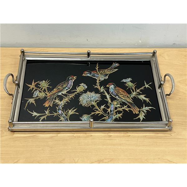 Vintage Art Deco Chrome Mother of Pearl Inlay Glass Serving Tray as pictured 17.5x10"