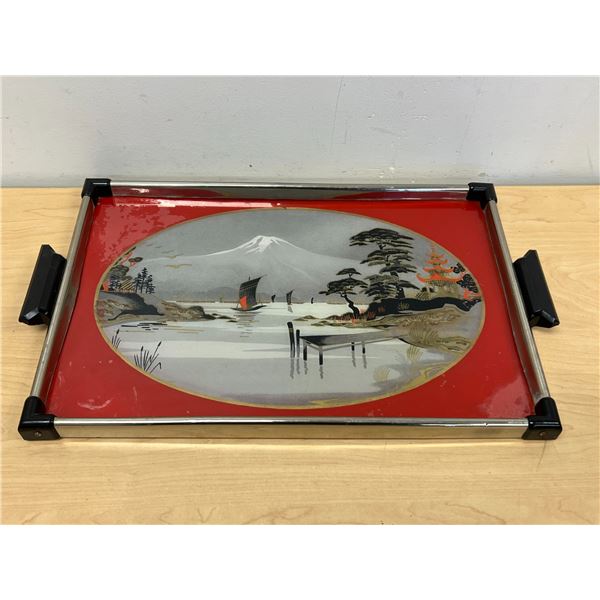 US Zone Germany Art Deco Chrome Asian Motif Glass Serving Tray as pictured 19.5x12"
