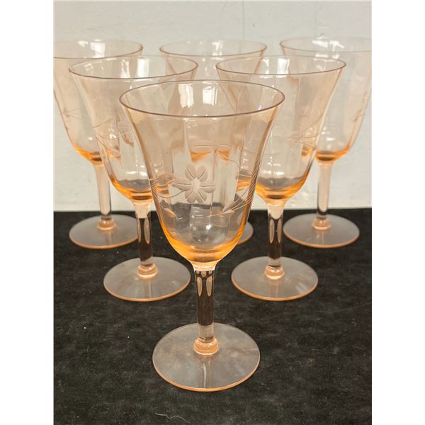 6 Vintage Pink Wine Glasses with Floral Etching 6.5" tall nice overall