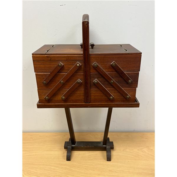 Vintage Accordion Style Sewing Basket on Stand & Contents as pictured