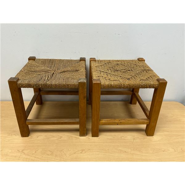 2 Wood & Woven Cord Foot Stools / Ottomans as pictured - Approx: 11.5" square
