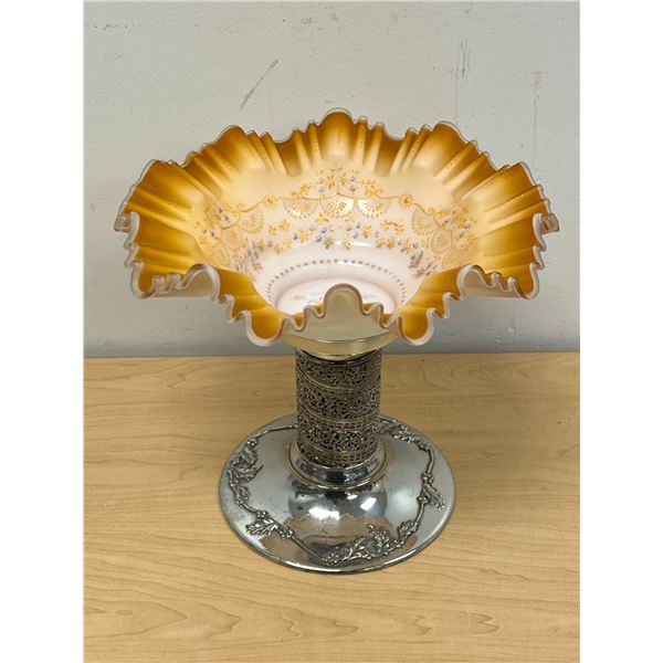 Vintage Art Glass Ruffled Edge Bowl on Chrome Pedestal - Approx: 11.75"W 10.25"T
