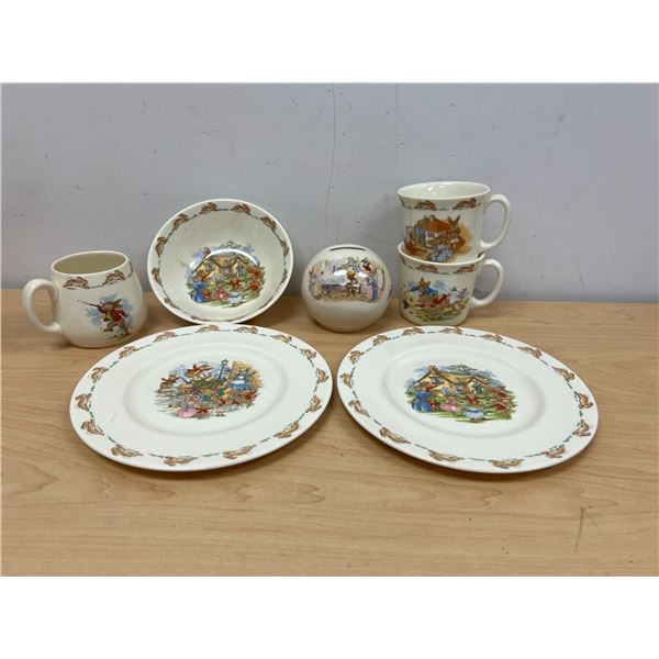 7 Royal Doulton Bunnykins Childrens Dishes / Coin Bank as pictured