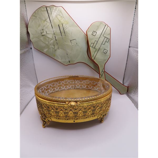 Vintage Art Deco vanity brush & mirror set and jewelery box with glass lid.  Very cool!