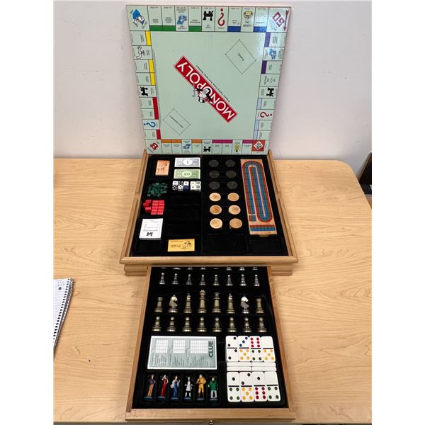 Monopoly / Chess / Checkers ++ Wooden Game Set as pictured - Approx: 16.75x16.75"