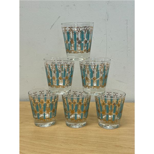 6 Vintage Turquoise & Gold Drinking Glasses - Vintage Barware 3.25"T