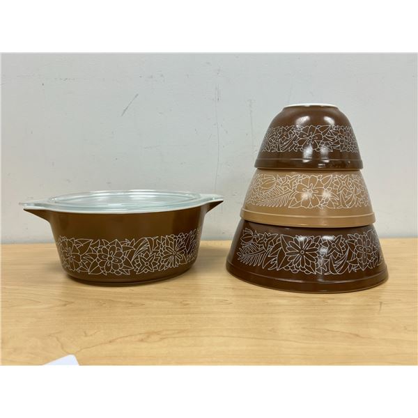 Pyrex Woodlands Brown Mixing Bowls & 2.5 Qt casserole with lid as pictured
