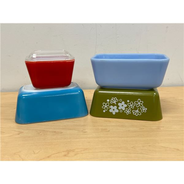 4 Pyrex Refrigerator Dishes as pictured - 3 Butter size and One smaller with lid, see photos