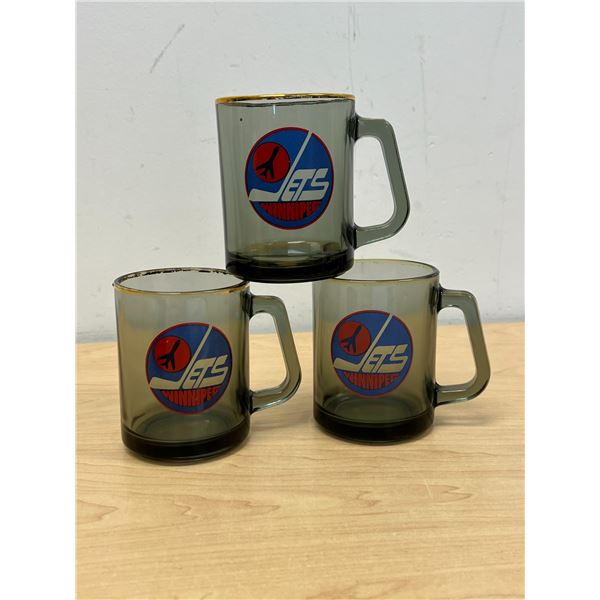 3 Vintage Winnipeg Jets Smokey Grey Glass Coffee Mugs as pictured