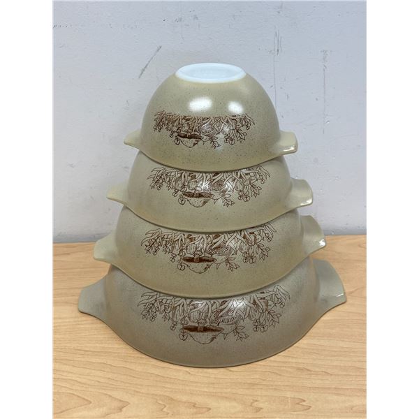 Complete nice Set of 4 Pyrex Mushroom Forest Fancies Nesting Mixing Bowls - largest 4 Qt