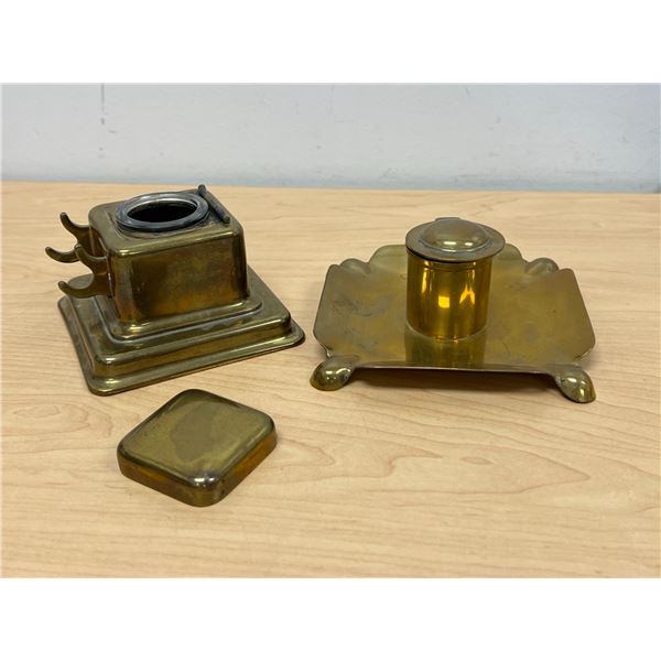2 Vintage Brass Inkwells Ink Wells as pictured - one lid is loose/broken - see all photos
