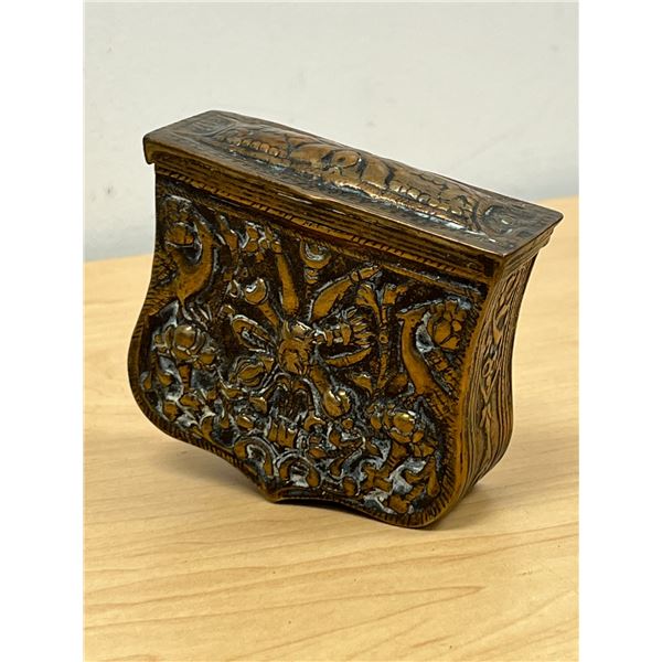 Antique Embossed Metal Powder Cartridge Box - lid is somewhat loose - see all photos