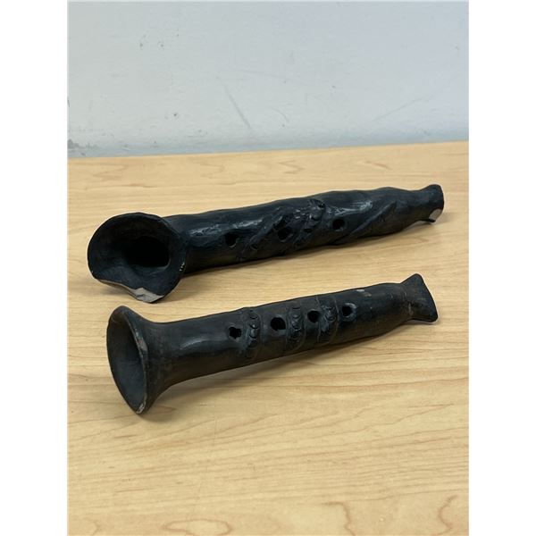 2 Vintage Ceramic Flutes as pictured - some chips, longest 8" - see all photos