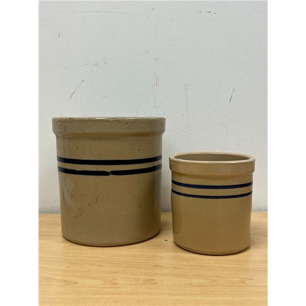2 Vintage Stoneware Crock Pots / Planters With Blue Stripes - Larger 7.75"T 7.5"W