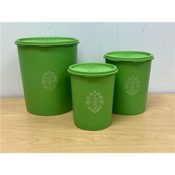 3 Vintage Green Tupperware Canisters - Largest approx: 8.5"T 7.5"W