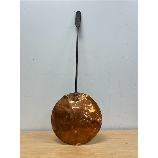 Antique Iron Handled Copper Strainer - 8.25"W 28" total length - see all photos