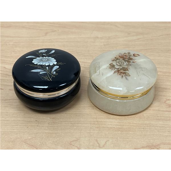 2 Italian Hand Carved Alabaster Jewelry Trinket Boxes 3.25"W see all photos