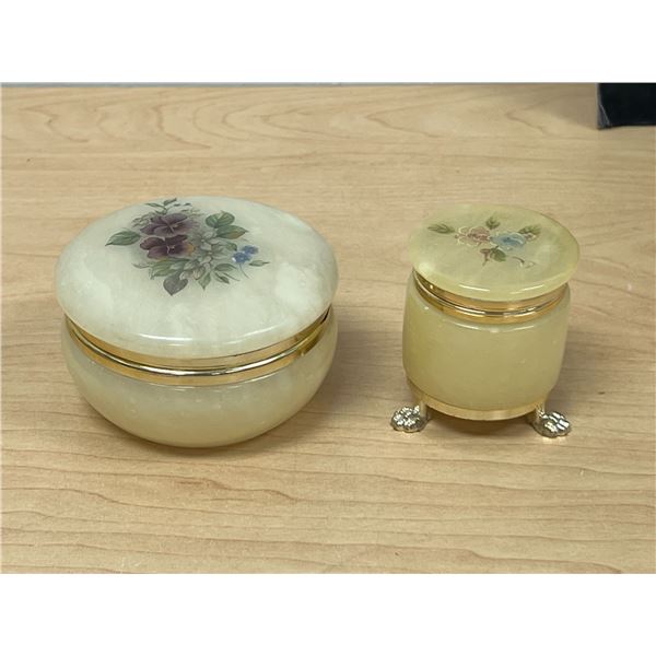2 Italian Hand Carved Alabaster Jewelry Trinket Boxes - Larger about 3.25"W see all photos