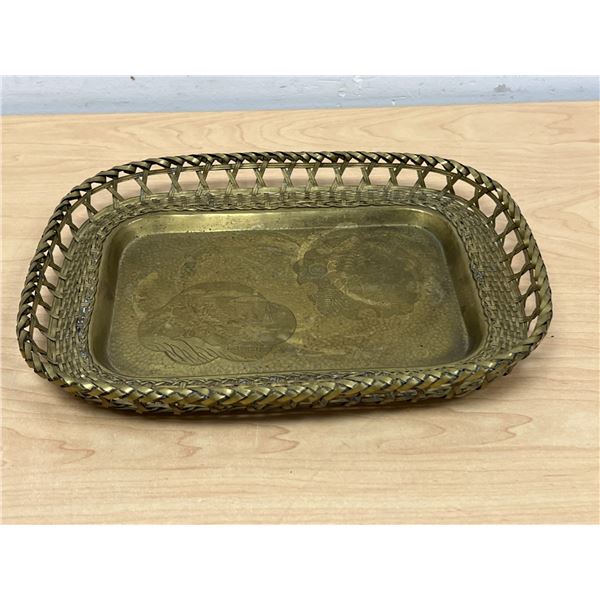 Vintage Braided Etched Tray - Brass? Copper? - Approx: 11x8.25"