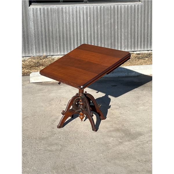 Antique Adjustable Wooden Folding Drafting Table With Drawer and Cast Iron Mechanism
