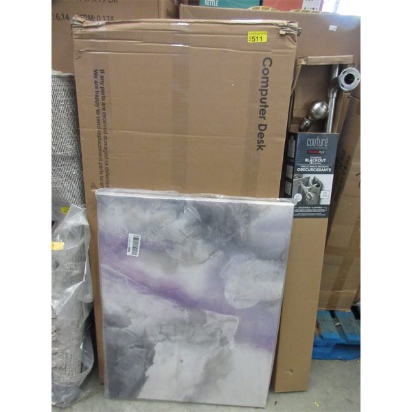 Computer Desk, Curtain Rod and Canvas Wall Art