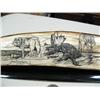 Image 2 : Outstanding 11" fossilized ivory ice axe scrimshawed by Homer Cole mounted on baleen- has 2 wolves o