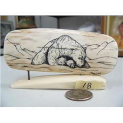 4-3/4" fossilized ivory scrimshawed by Homer Cole of polar bear and 2 cubs (114)