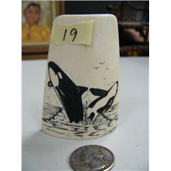 Pair of scrimshawed killer whales jumping by Homer Cole on fossilized ivory (114)