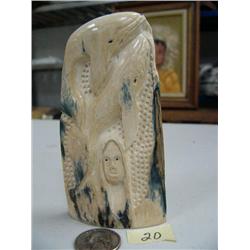 4-3/4" mammoth ivory relief carved with 2 whales and a man's face by Iglaak from Koyuk, AK (114)