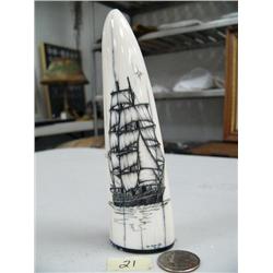6" white ivory walrus tusk tip scrimshawed with 2 masted sailing ship by Homer Cole mounted on balee