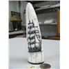 Image 1 : 6" white ivory walrus tusk tip scrimshawed with 2 masted sailing ship by Homer Cole mounted on balee