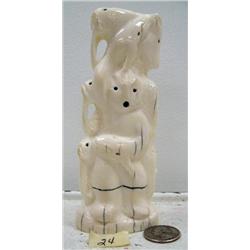 5-1/2" white ivory totem- 3 walrus, 2 men, 2 faces, caribou, 2 whales by Iglaak from Koyuk, AK (114)