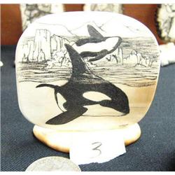 Mammoth ivory scrimshawed 2-1/2" killer whales by Homer Cole (114)