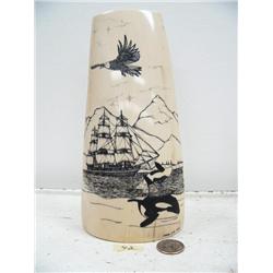 9" chunk of scrimshawed mammoth ivory done by Homer Cole of ship, 2 killer whales and an eagle (114)