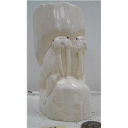 6" white walrus ivory relief carved of 3 walrus Iglaak of Koyuk, Alaska (114)
