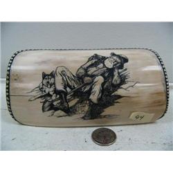 Mammoth ivory bark 6-1/2" long by Homer Cole of prospector with dog (114)