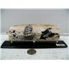 Image 1 : Mammoth ivory bark 6-1/2" long by Homer Cole scrimshaw of sailing ship, 4 killer whales mounted on b