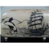 Image 2 : Mammoth ivory bark 6-1/2" long by Homer Cole scrimshaw of sailing ship, 4 killer whales mounted on b