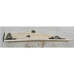 16-1/2" white walrus ivory scrimshawed cribbage board by Homer Cole- has pod of 5 killer whales, an 