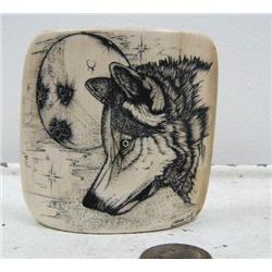 3" x 4" scrimshawed mammoth ivory of wolf by Homer Cole (114)